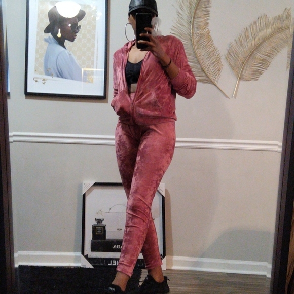 Zip Hoodie Velour Track Suit Set- Burgundy/Pink - Picture 6 of 8